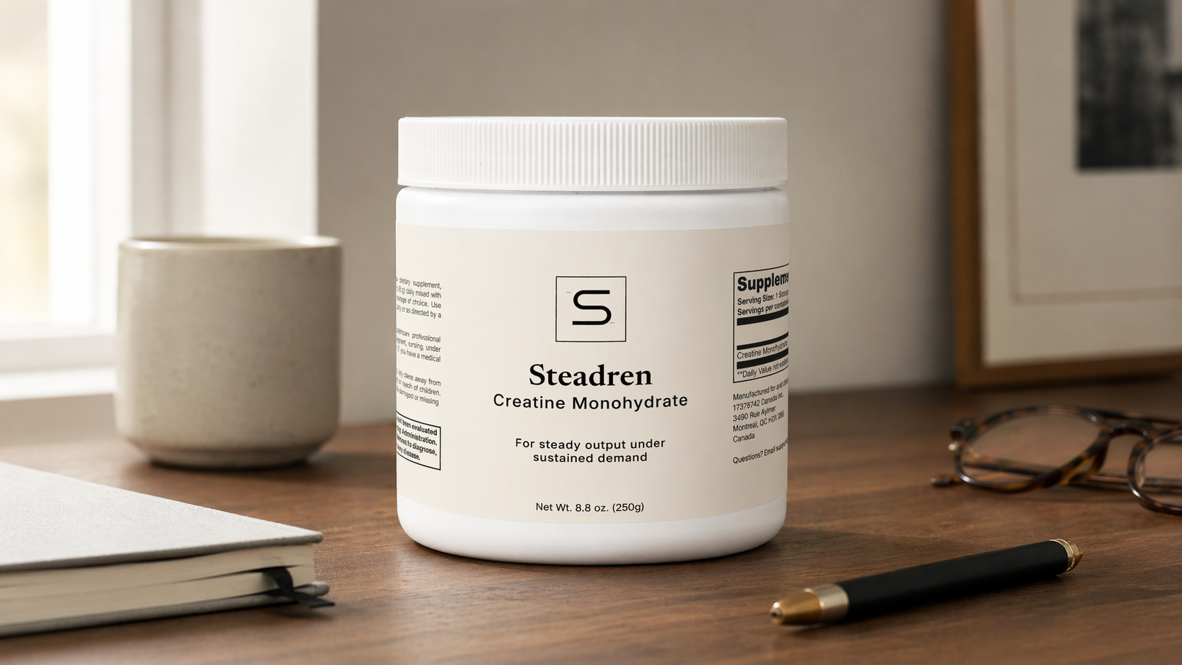 Steadren Foundation creatine tub on a warm desk